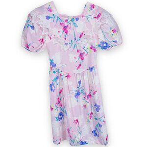 Vintage 1980s Pastel Floral Lolita Lace Collar Short Puff Sleeve Dress 16 Y / XS